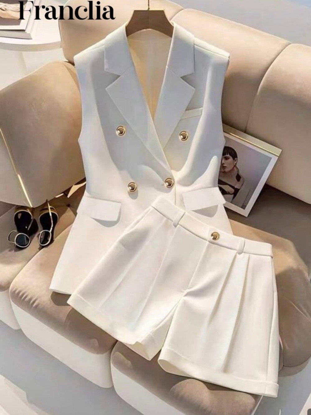 Double-Breasted White Sleeveless Blazer & Pleated Shorts Set-Worn Once